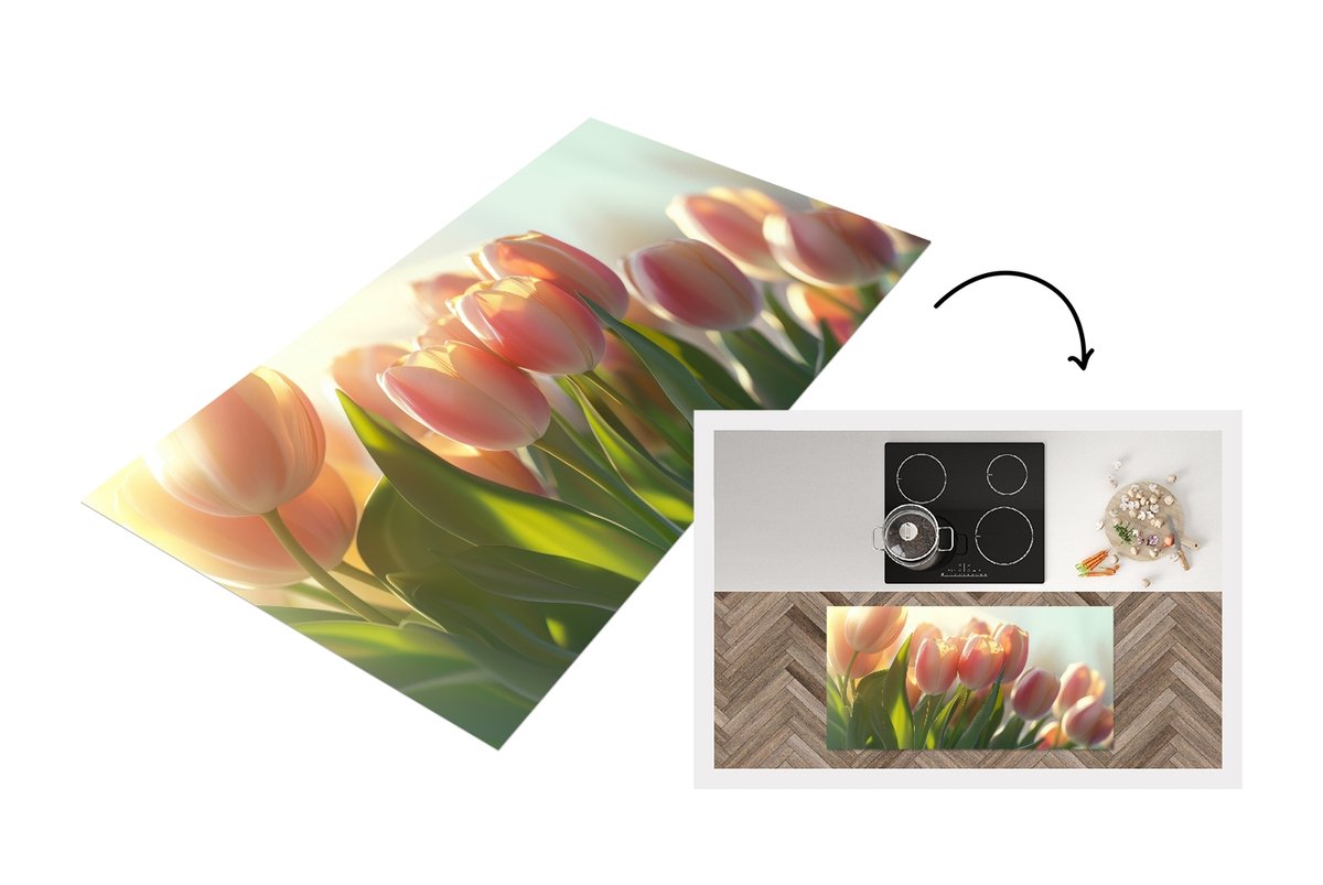 KitchenYeah Keukenloper 120x60 cm - Keukenmat vinyl Tulpen - Roze - Zonnestralen - Keukenmatten loper - Keuken vloerkleed tapijt