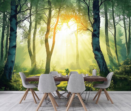 WALLARENA - Fotobehang - 250x175 cm - 3D bos landschap met bomen en zon voor slaapkamer en woonkamer