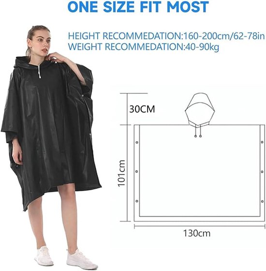 Allecto Plus - Poncho de pluie multifonctionnel réutilisable avec capuche - idéal pour la randonnée et le camping - noir - taille 22-40 - imperméable et portable