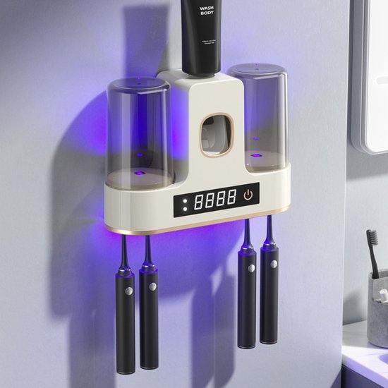 HaavPoois UV Tandenborstelhouder, UV Tandenborstel Sterilisator Wandgemonteerde Tandpasta Dispenser Automatische Tandenborstel Houder Tandpasta Houder