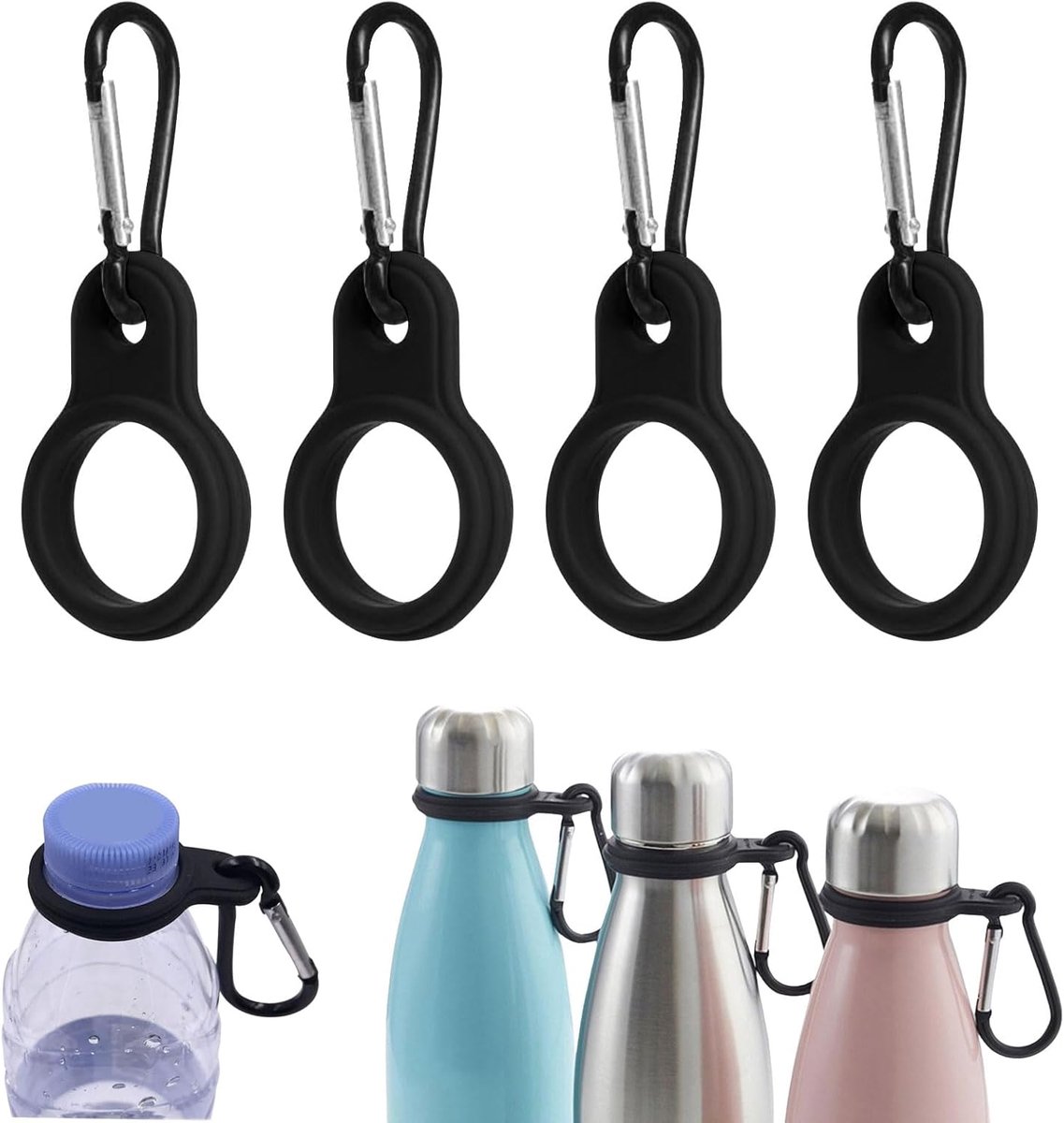 SNQ 4 stuks - Karabijnhaak - Flessenhouder - Riem - Flessenhouder - Rugzak - Waterflesclip - Sleutelhanger - Flessenhouder - Clip - Voor kamperen, wandelen en buitenactiviteiten - Zwart