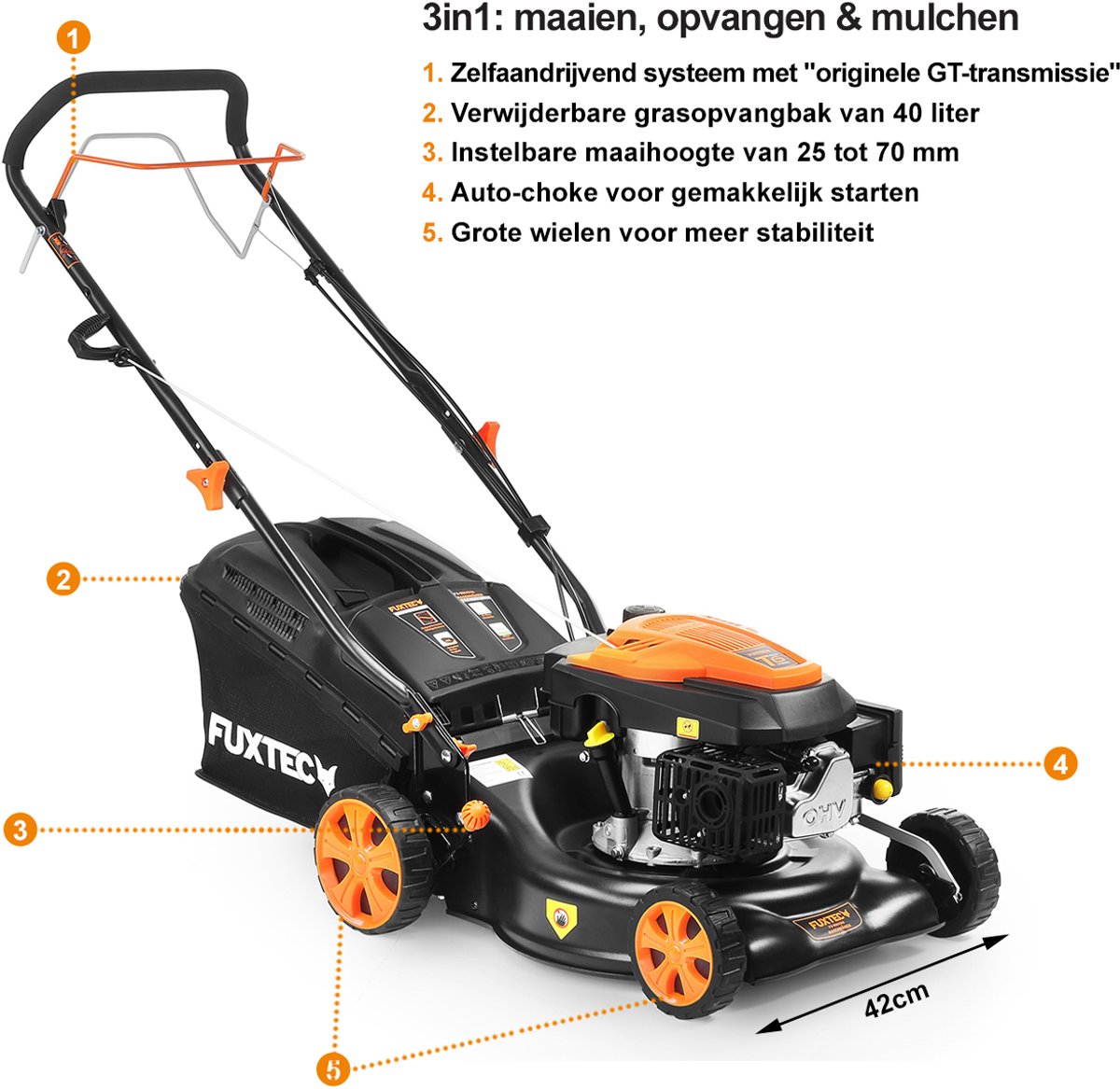 FUXTEC FX-RM4346 Benzine Grasmaaier – 3-in-1 – 43 cm – Zelfrijdend met Achterwielaandrijving – Mulchfunctie & 40L Opvangbak – Big Wheels – foto 8