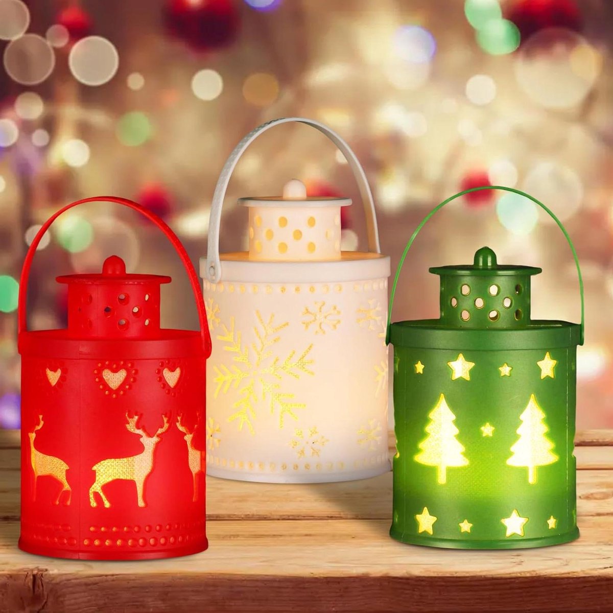 Allecto Plus Decoratieve lampen set voor Kerst 3 stuks vlamloze windlichten LED-kerstlantaarns 14 cm Warm wit licht Sfeervolle kerstdecoratie voor carnaval tuin en huis