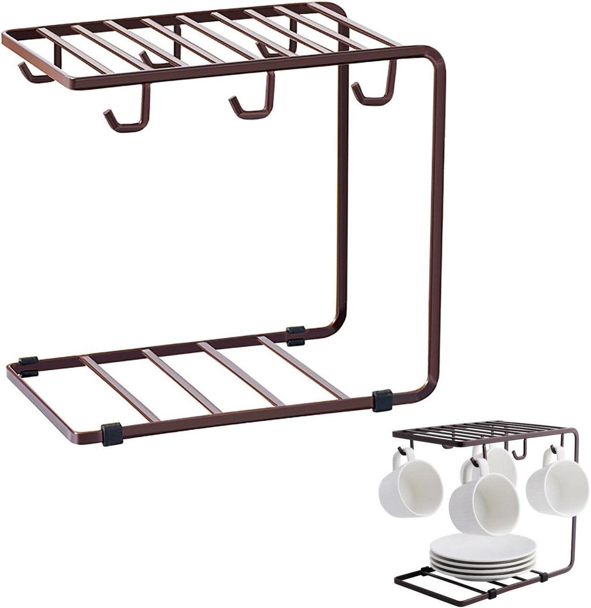 Allecto Plus - Koffiekophouder en bekerrek met 6 haken voor theekopjes in metaal - Hangende bekerhouder voor koffie en thee - Bevestiging voor theekopjes met opbergrek