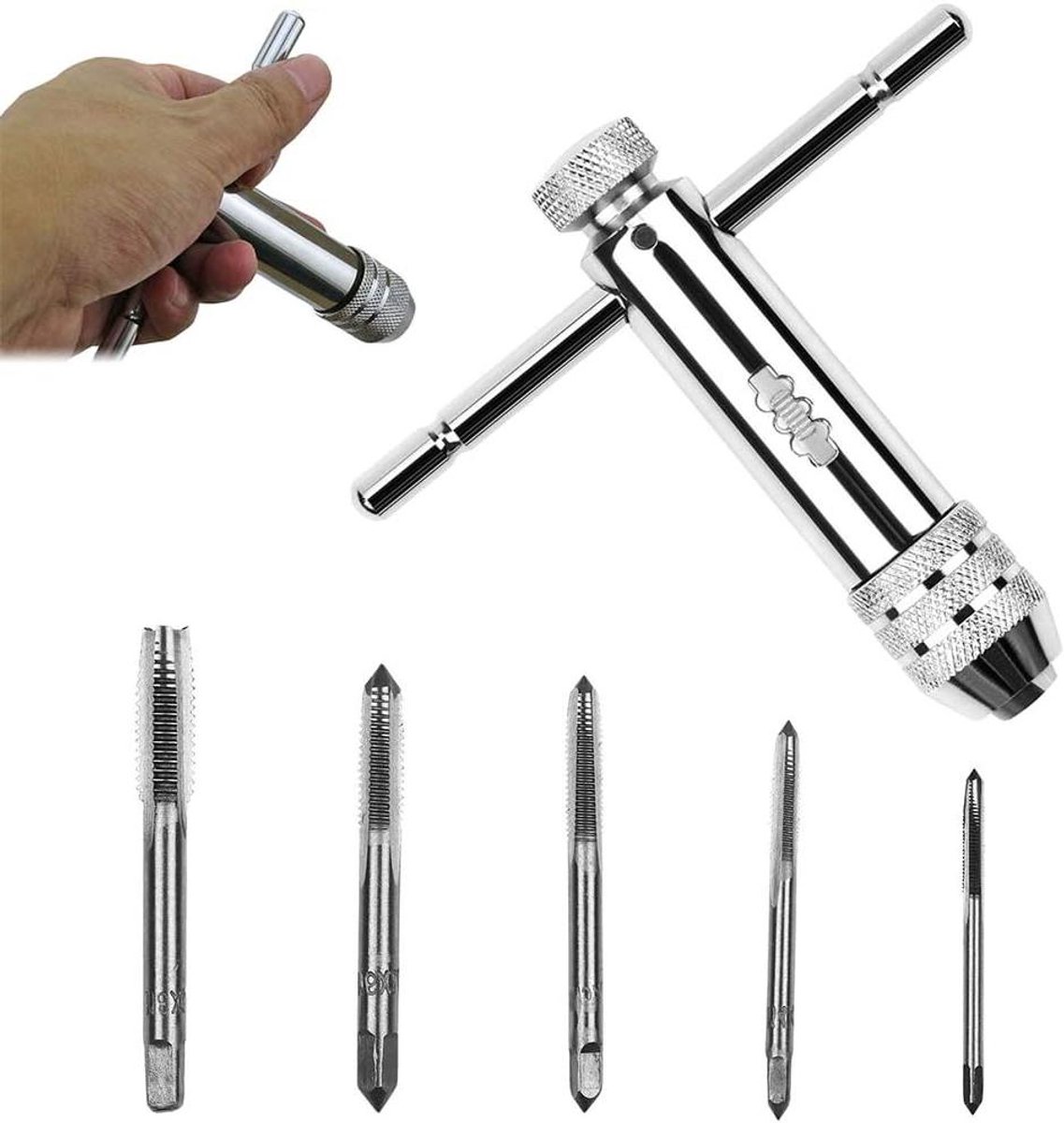 Verstelbare T-handgreep ratchet tap houder sleutel - Tapping threading tool set met 5PCS M3-M8 metrische plug tap