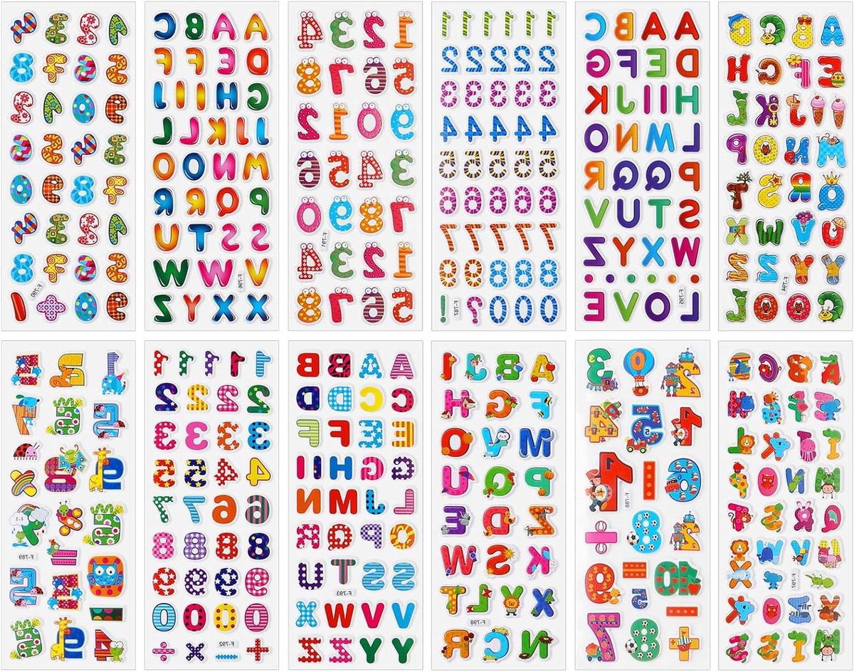 Allecto Plus - 12 vellen stickers met 200 stuks 3D-gezichtsletterstickers en letters om op te plakken - Knutselset voor jongens en meisjes - Doe-het-zelf plezier met kinderen