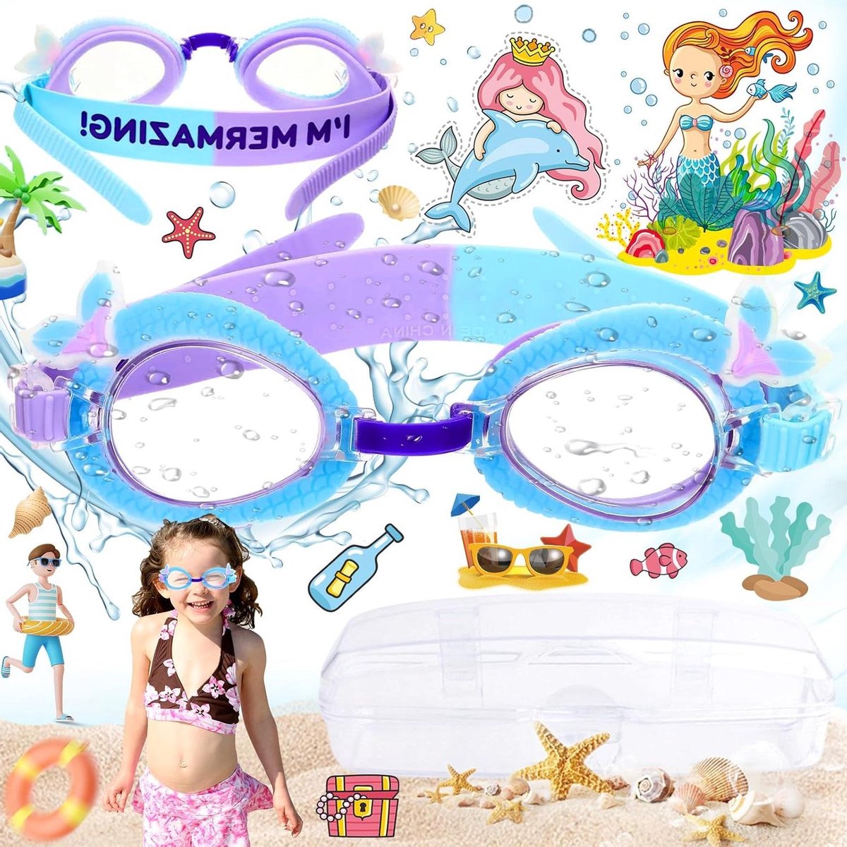 Allecto Plus - Kinderzwembril met Anti-condens, HD, Cartoon Design voor Kinderen van 3-12 jaar met Waterdichte Bescherming en Brilbox