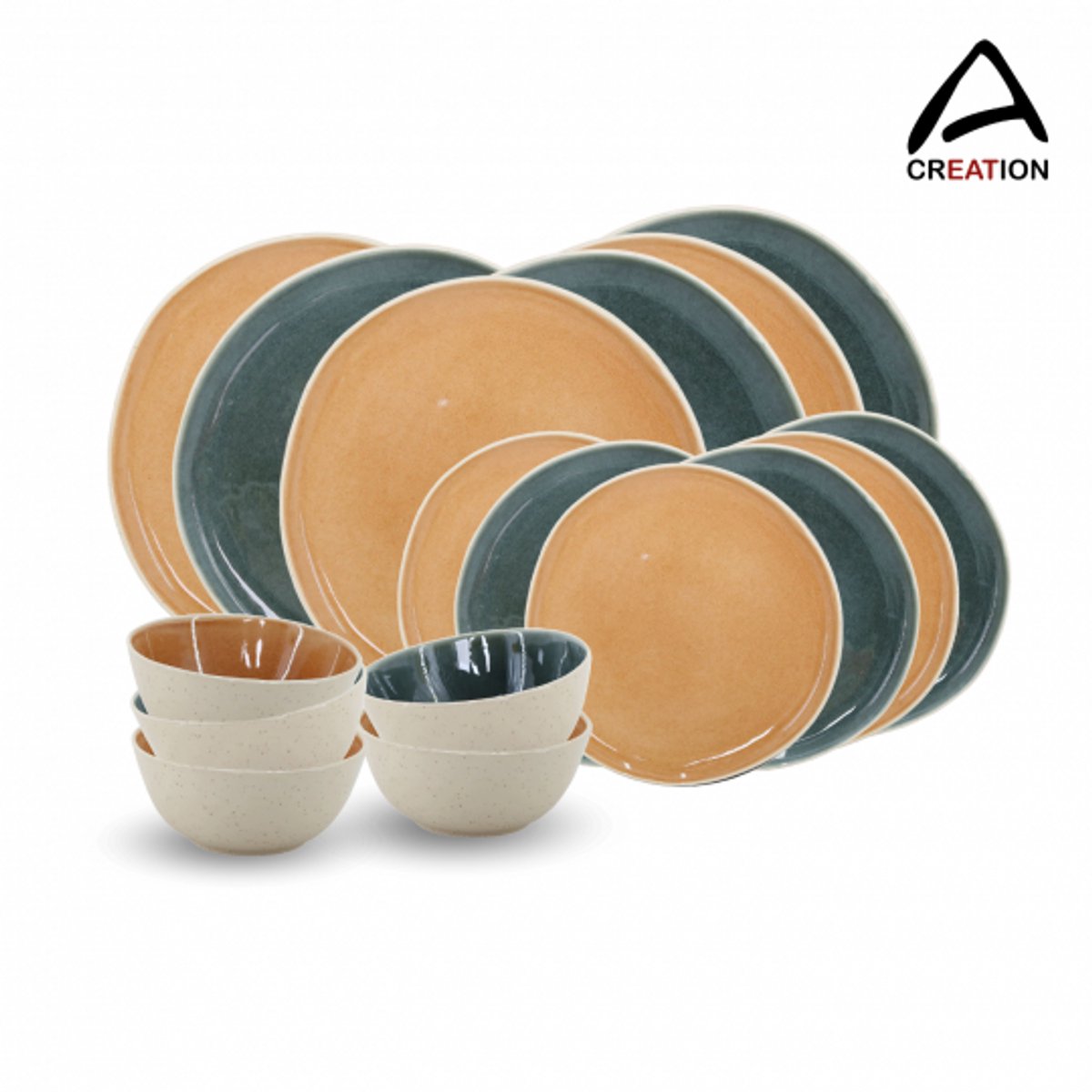 Coralia – Service 18‑delig – 6 grote borden Ø 27 cm, 6 middelgrote borden Ø 20,5 cm, 6 kommen Ø 15,2 cm (± 700 ml) – Porselein met reactief glazuur – Beige, groen & oranje