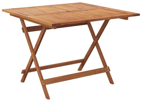 Houten tuintafel met inklapbaar X-frame onderstel, van opzij gezien. Houten lattenblad.