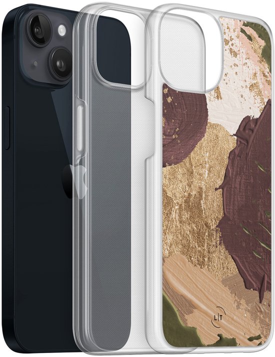 iPhone 13 avec coque abstraite marron, dorée et crème, à côté du téléphone noir.