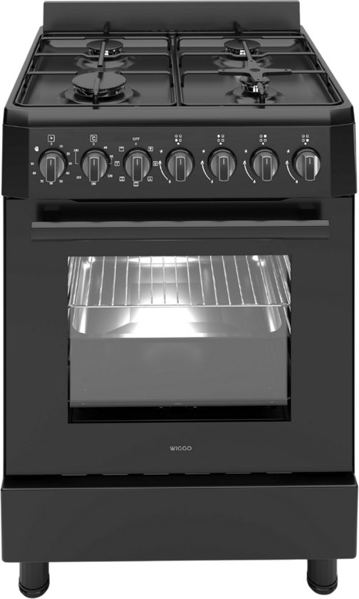 Wiggo WO-E605R(BB) – Vrijstaand gasfornuis – 60 cm – 4 kookzones – 56L elektrische oven – Zwart – Elektrische vonkontsteking & vlambeveiliging – Energieklasse A – 5 jaar garantie