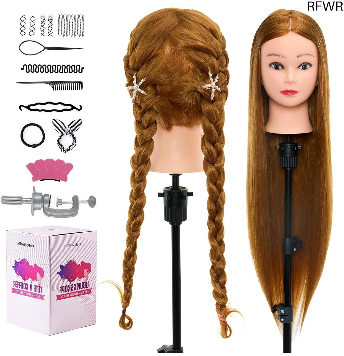 RFWR® Oefenhoofd voor Kappers met 76 cm Synthetisch Haar en Accessoires