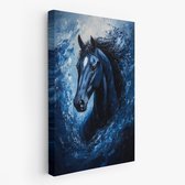 FineArtia - Zwarte paard in beweging - Canvas Schilderij - 60 x 90 cm - Woonkamer Decoratie - Blauw - Slaapkamer Schilderij - Wanddecoratie