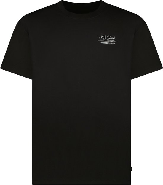 Zwart T-shirt met tekstprint 'Life Goals'.