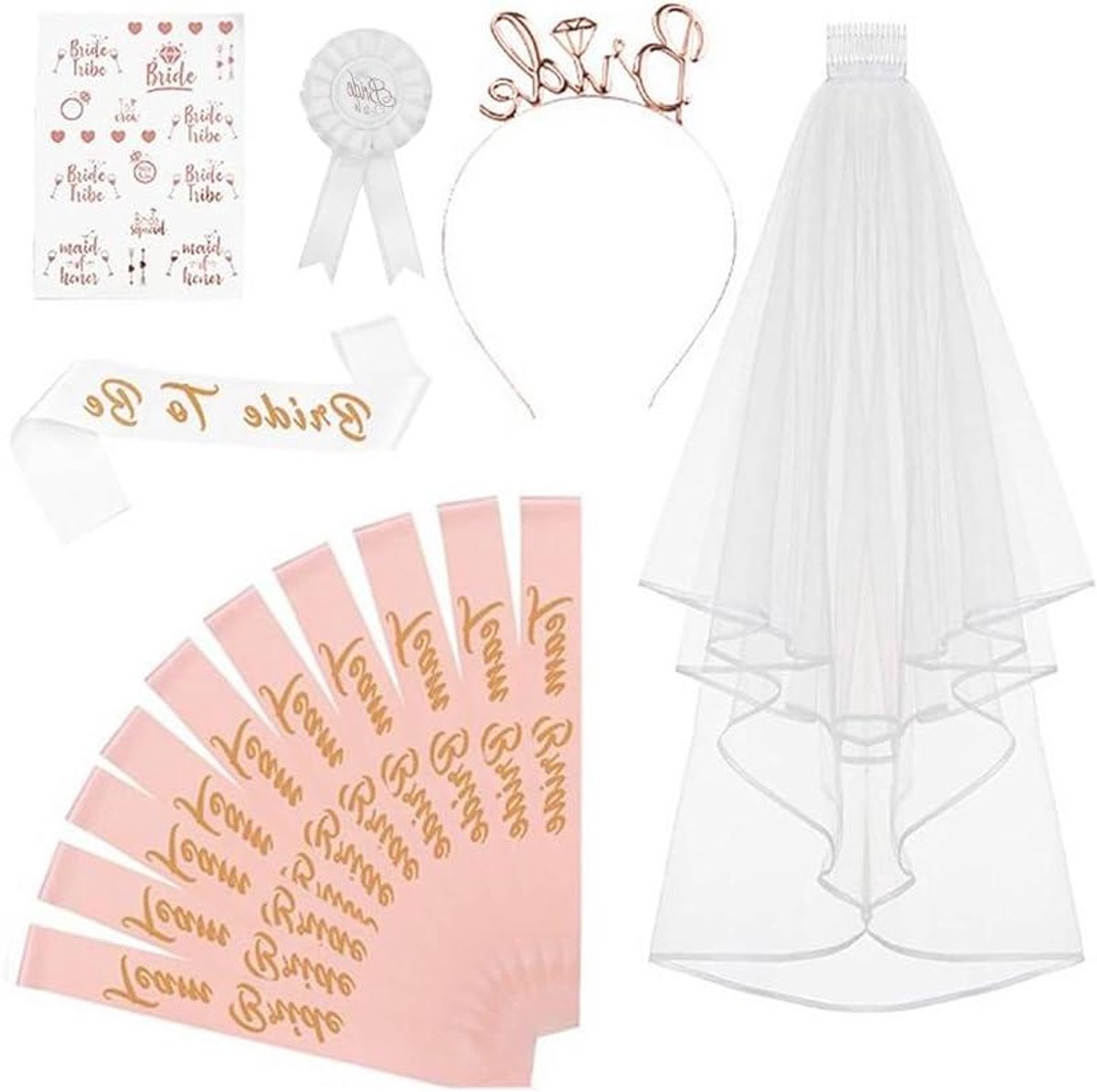 Allecto Plus - Bachelorette Feestbenodigdheden voor Bride to Be - 15 stuks - Vrijgezellenfeest Decoraties Kit met Bruid Sjerp, Sluier, Tiara en Tatoeages - Voor Bruiloft en Bruidsdouche Decoraties