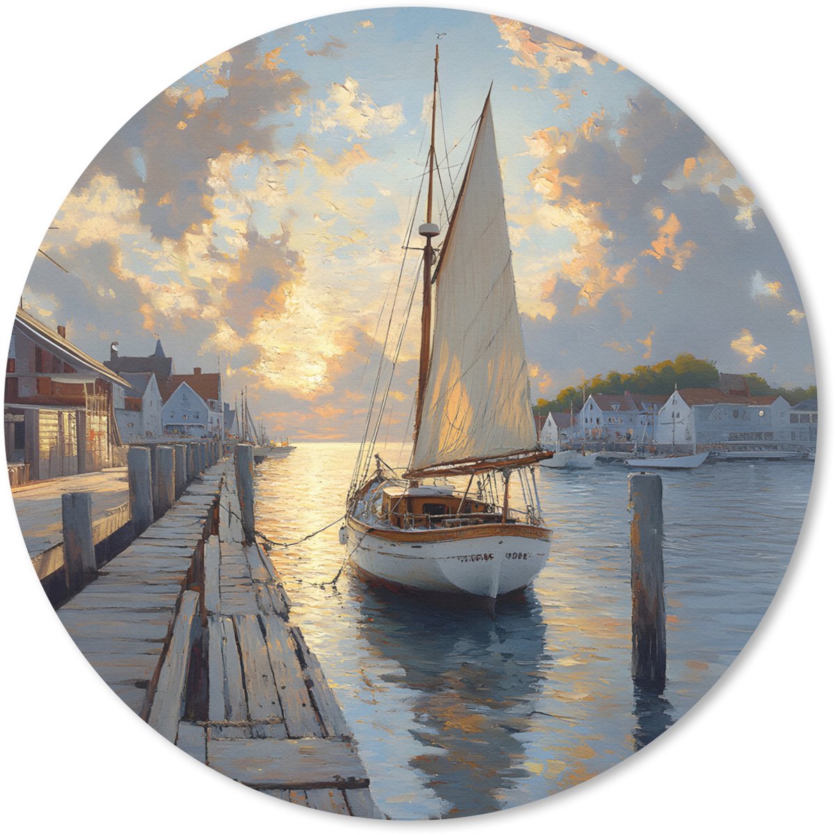 Muismat rond 20x20 cm - Mousepad Zeilboot - Zon - Pier - Hout - Ronde muismatten