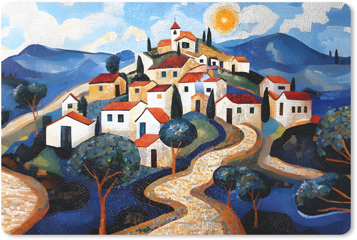 Muismat 27x18 cm - Mousepad Dorp - Heuvelachtig - Zon - Mozaïek - Muismatten