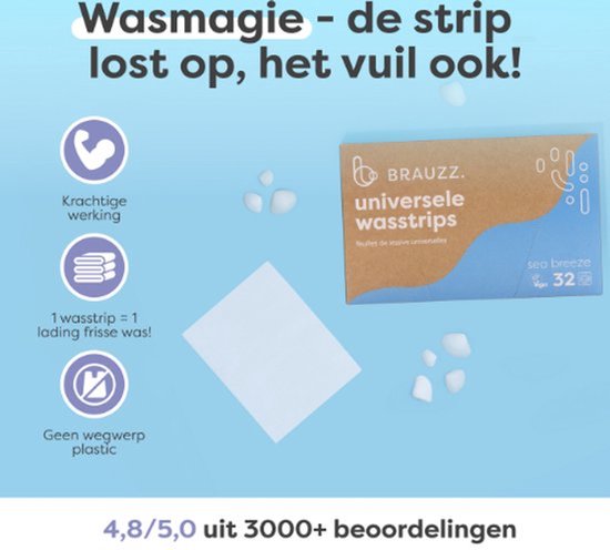BRAUZZ. universele wasstrips in 'sea breeze' geur, 32 stuks. Krachtige werking, 1 wasstrip = 1 lading was, geen wegwerpplastic. 4,8/5,0 uit 3000+ beoordelingen.
