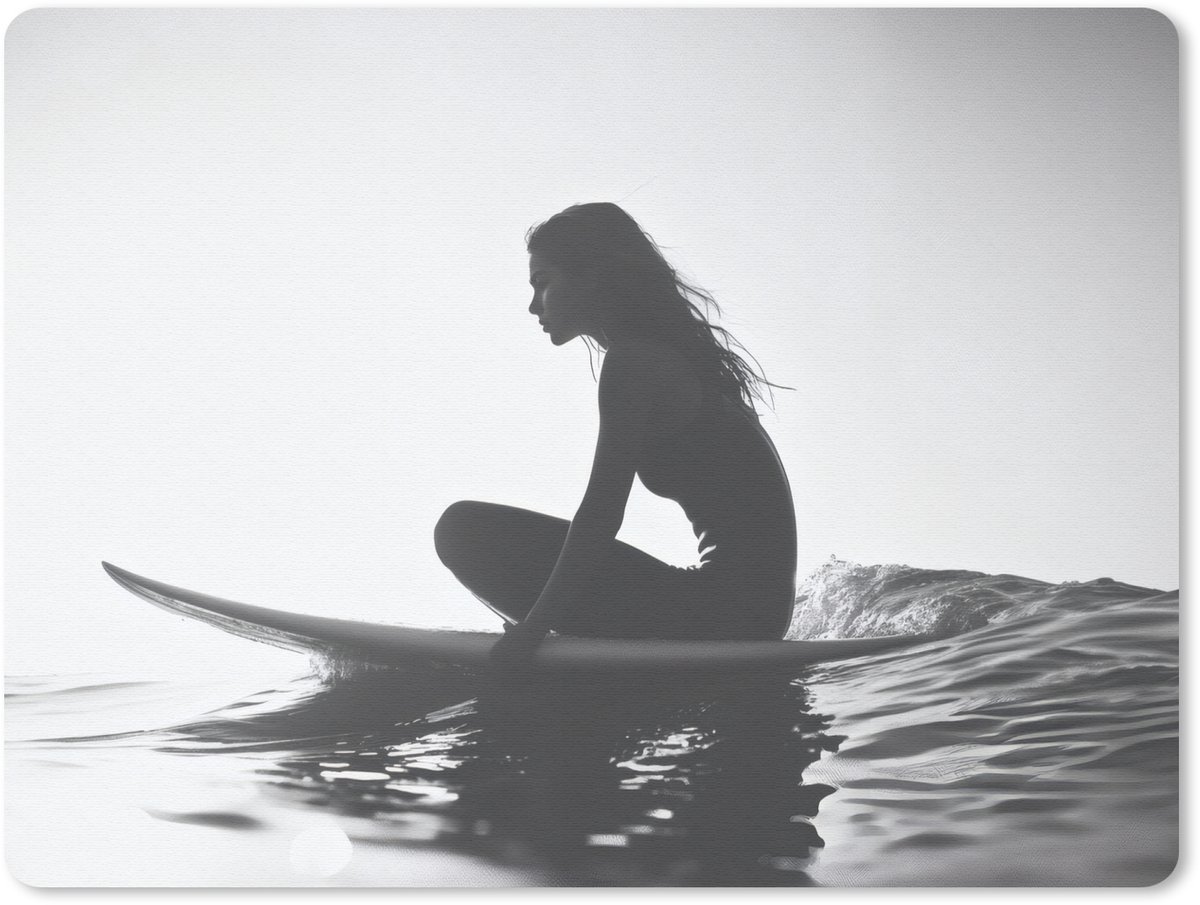 Muismat 23x19 cm - Mousepad Silhouet - Vrouw - Surfplank - Water - Muismatten