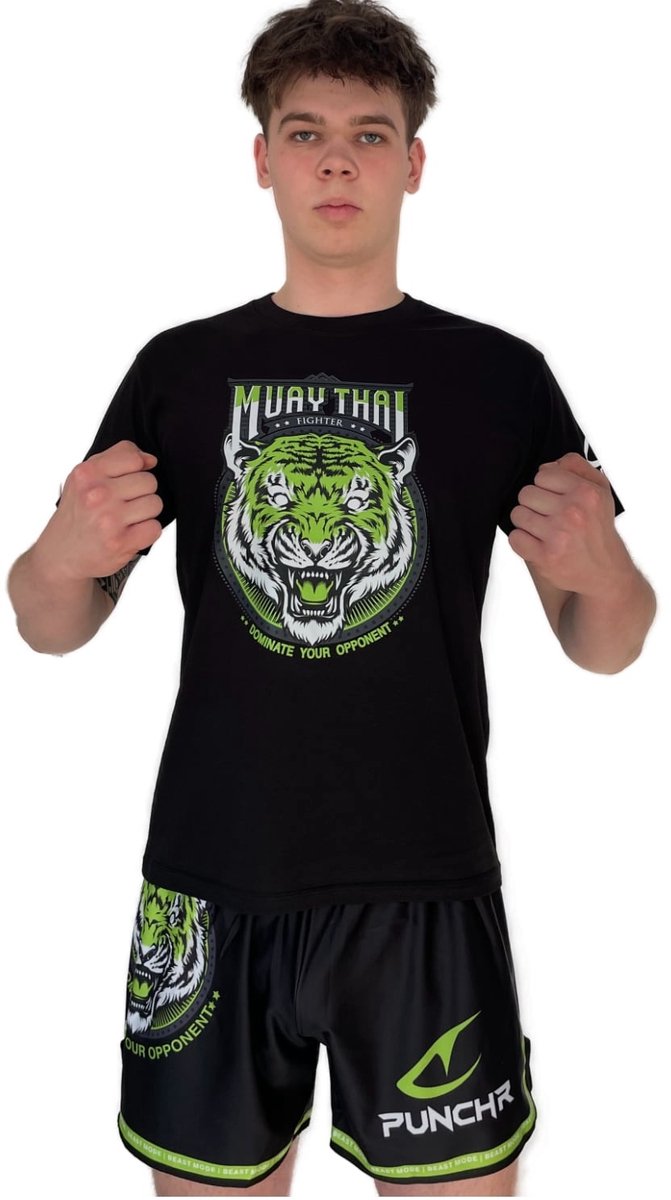 PunchR™ Dominate Tiger T-Shirt Kids Katoen Zwart Groen - Maat 128 | 8 Jaar