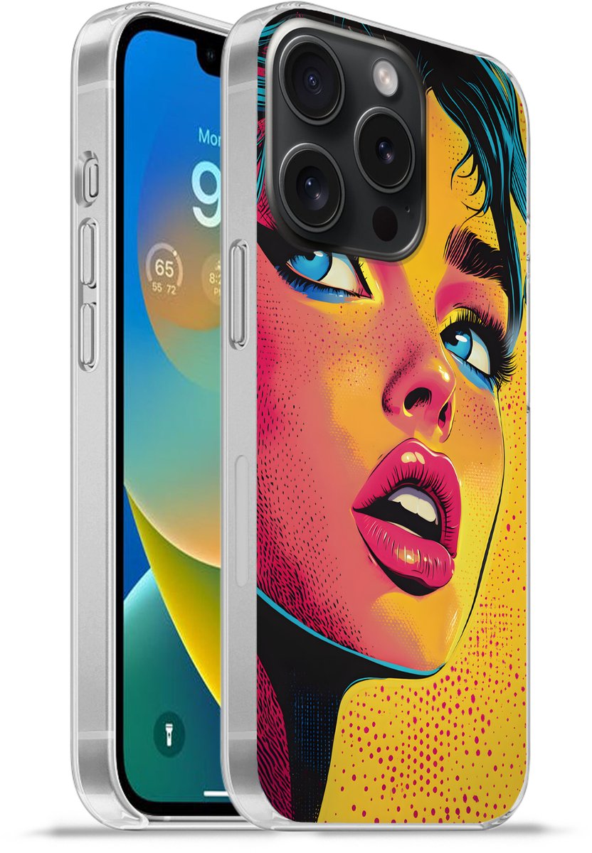 Telefoonhoesje Geschikt voor iPhone 15 Pro hoesje - Close-up - Vrouwengezicht - Stippen - Geel - Siliconen Telefoonhoesje Telefoonhoesje