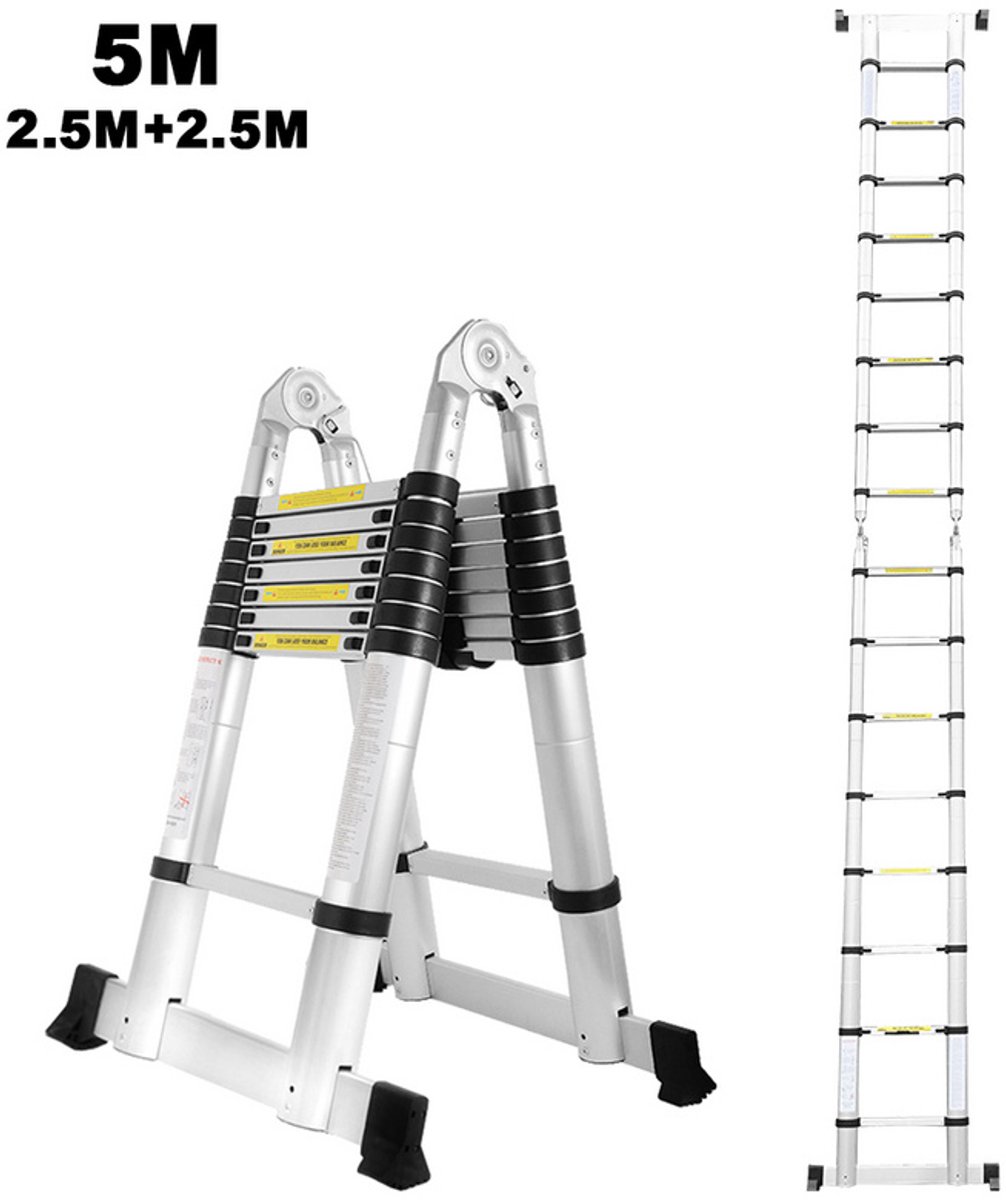 Telescopische Vouwladder - Telescopische Ladders - Soft Close - Werkhoogte 2,5m+2,5 m -zilver met stabilisator + wielen – foto 5