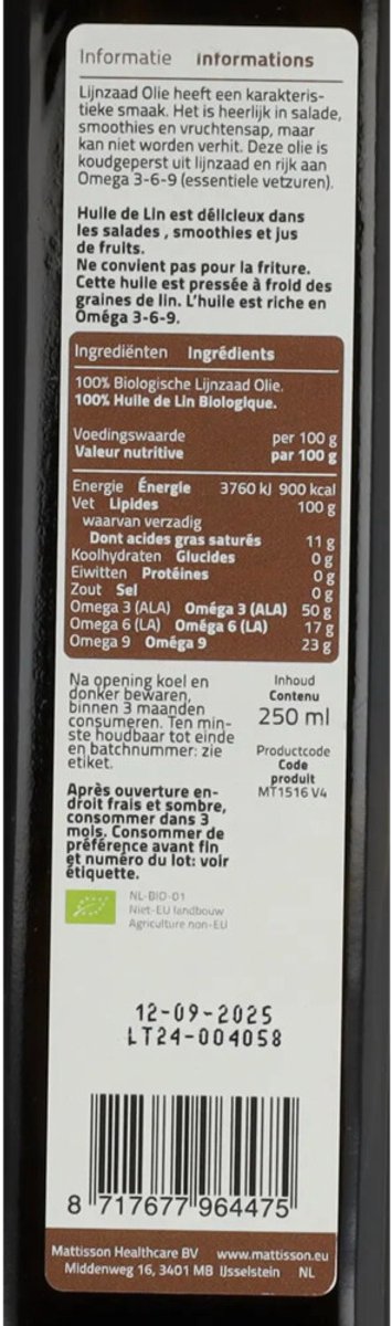Mattisson - Biologische Lijnzaadolie - 250 ml
