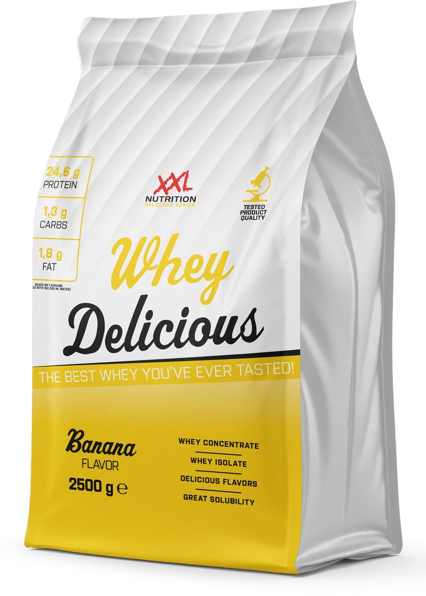 Goedkoopste XXL Nutrition - Whey Delicious - 80 Eiwit - Banaan - Wei Eiwitpoeder met BCAA & Glutamine, Proteine Poeder, Eiwit shake, Whey Protein - Diverse Smaken - 2500 gram (83 shakes