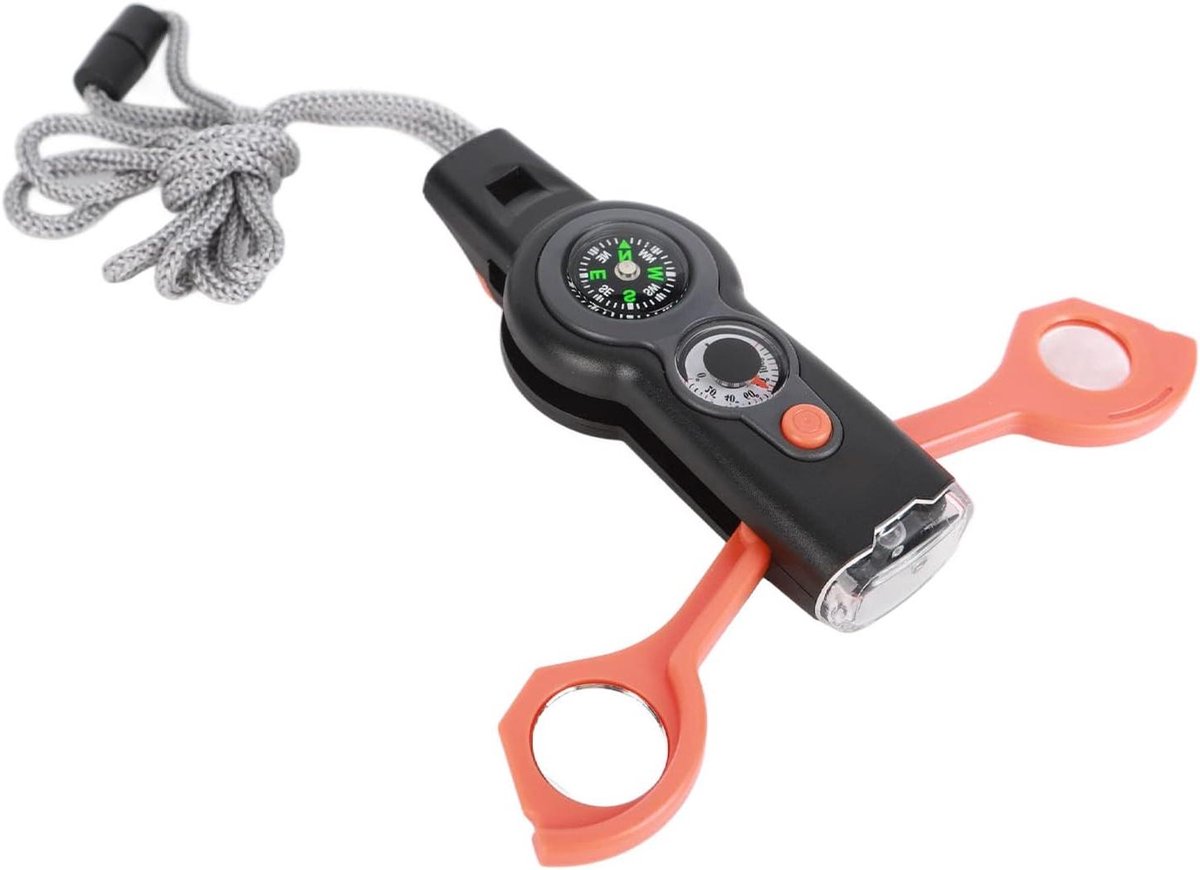 Allecto Plus - Multifunctionele Noodfluit Thermometer Kompas LED Verlichting Convex Spiegel Kampeer Avontuur Noodfluit Voor Rotsklimmen Off-road Kinderen SOS Brandweer Redding (Oranje)