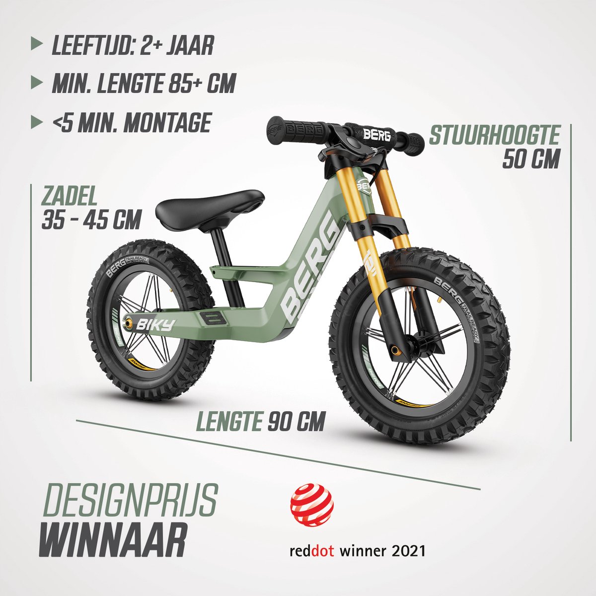 BERG Biky Cross Green Loopfiets - 12 inch - Met handrem - Lichtgewicht frame van magnesium - Verstelbaar zadel - 2,5+ Jaar - Groen — afbeelding 5