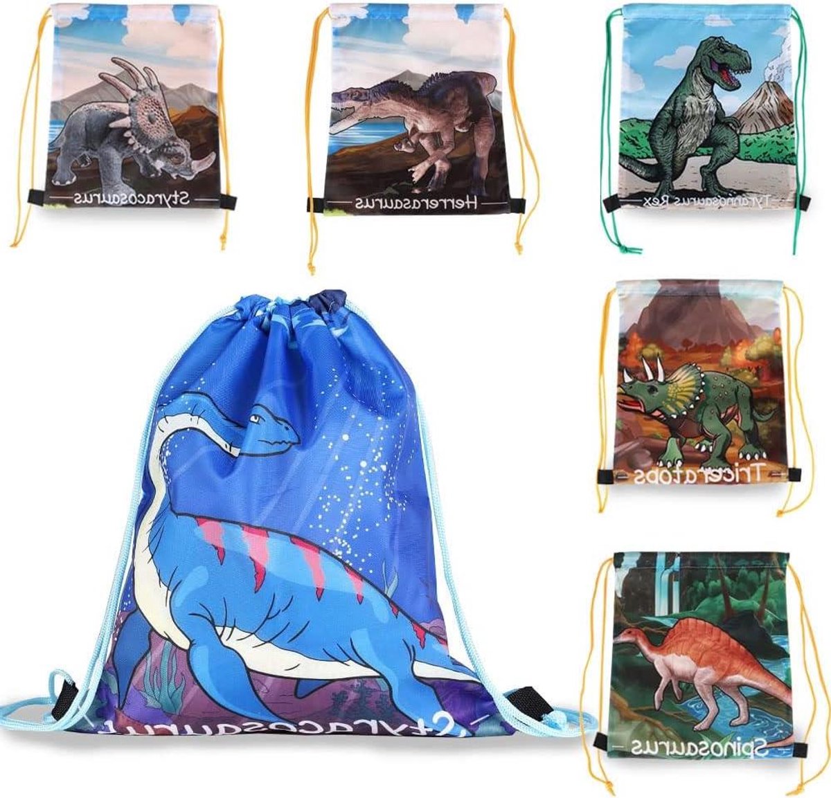 6 stuks koordsluiting feestzakken met dinosaurusmotief voor kinderfeest - blauw - ideaal voor Kerstmis, verjaardag en carnaval