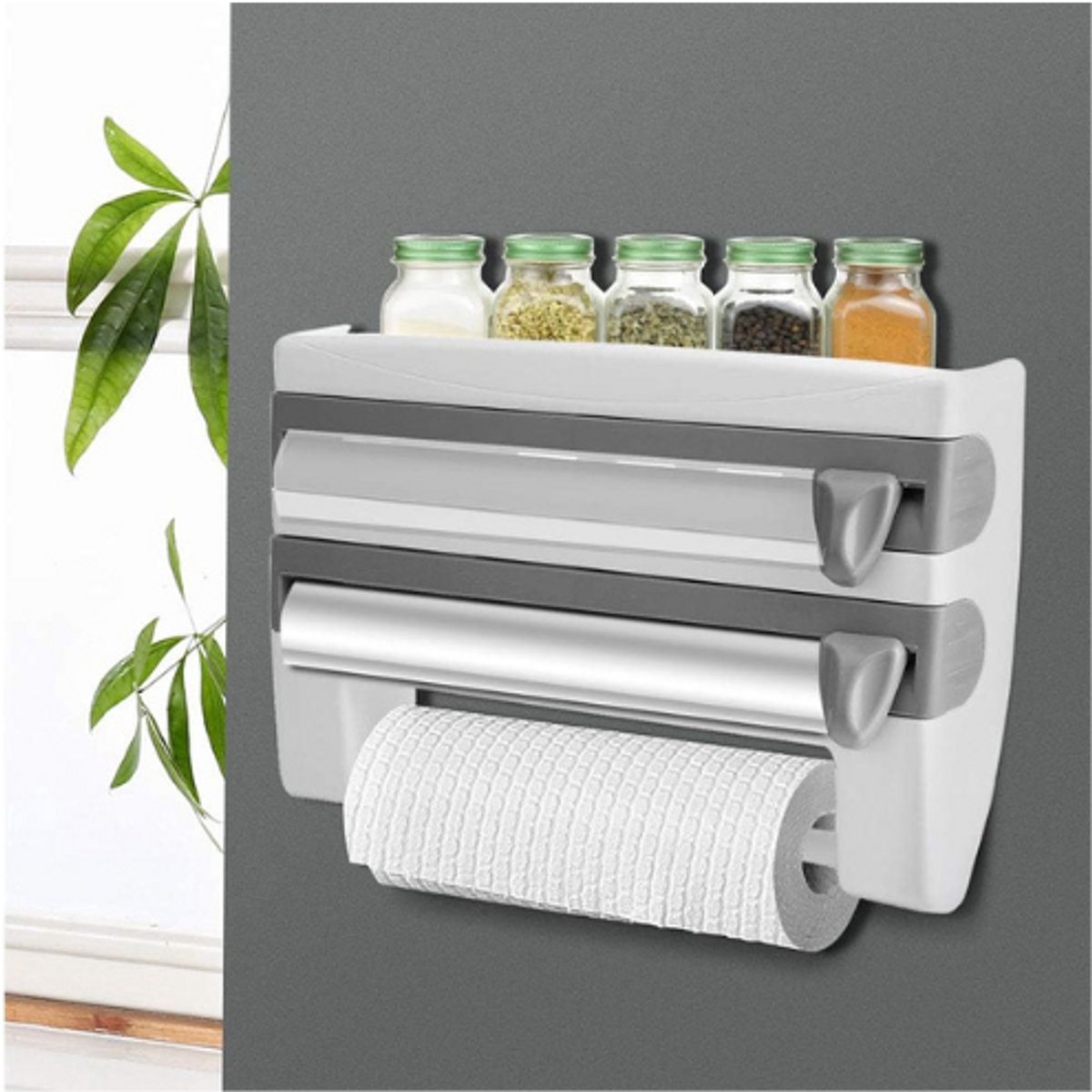 Thuys – Wall Food Film Unwinder – Keukenwandplank – Met Scherpe Messen – Keukenopbergrek – 39 x 10 x 24 cm – Grijs En Wit