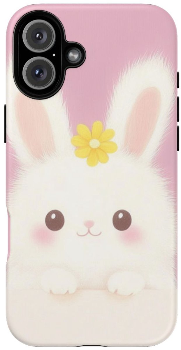 Schattig Wit Konijntje met Gele Bloem – Telefoonhoesje Geschikt voor 16 Plus
