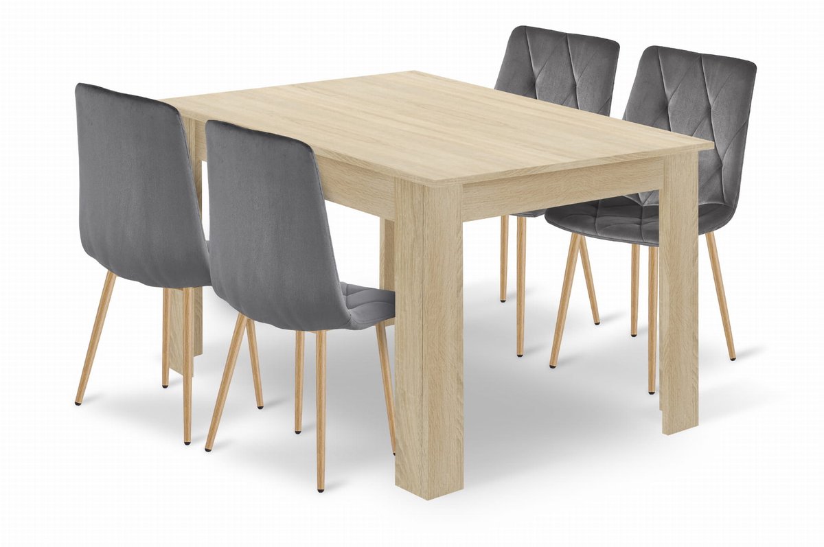 Eethoek - Eettafelset - NP 120x80 SONOMA + 4 Stoelen LIBRA Grijs met Houtlook Metalen Poten, Modern Design, Geschikt voor Keuken, Eetkamer en Woonkamer