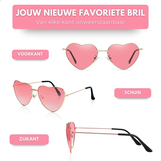 Gouden montuur met roze hartvormige glazen, van voren, schuin en zijkant bekeken. "JOUW NIEUWE FAVORIETE BRIL"