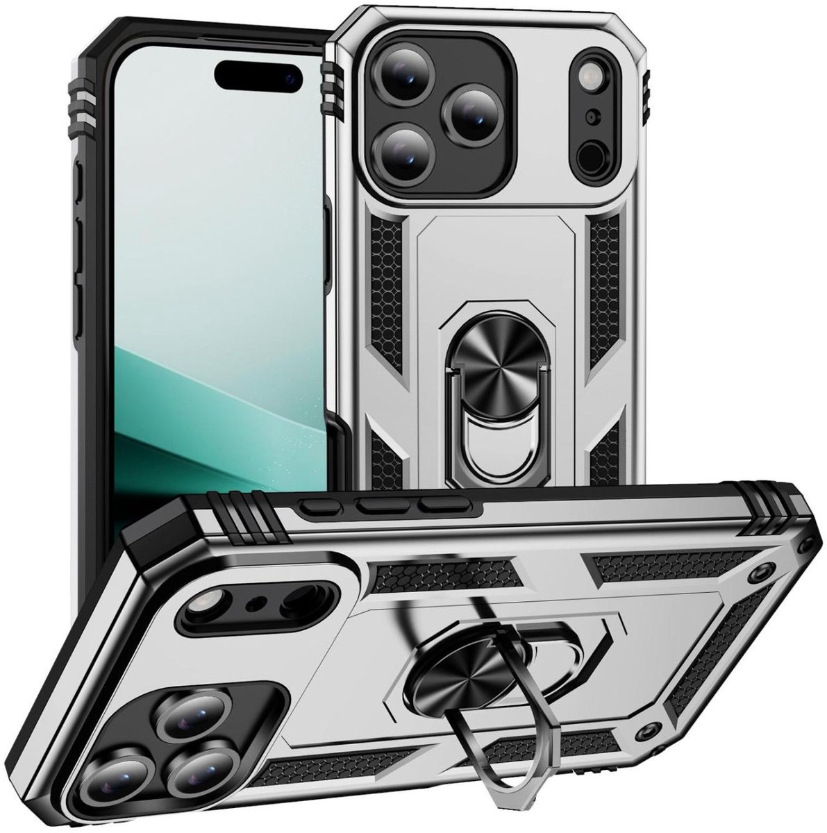 Mobigear Hoesje geschikt voor Apple iPhone 17 Pro Telefoonhoesje Hardcase | Mobigear Armor Ring Backcover Shockproof met Ringhouder | Schokbestendig iPhone 17 Pro Telefoonhoesje | Anti Shock Proof - Zilver