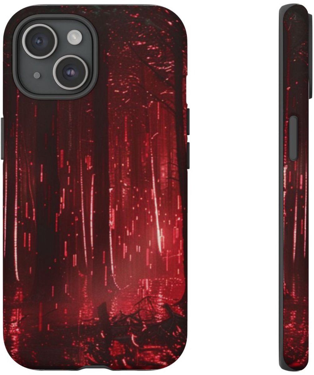 Donkerrood Verlichte Bos – Telefoonhoesje Geschikt voor iPhone 15