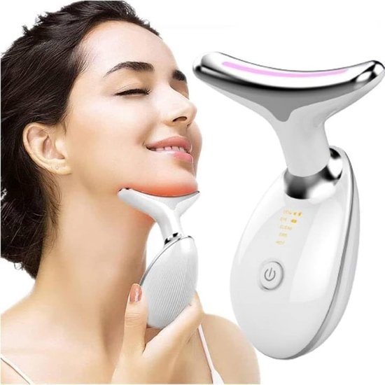 Nekmassage Apparaat - Nekmassage Apparaat Draadloos - Huidverjongingsapparaat 3 LED Licht - Vibratie Gezichtsreiniger - Anti-Aging - Draadloos Oplaadbaar - Cadeau - Parelwit