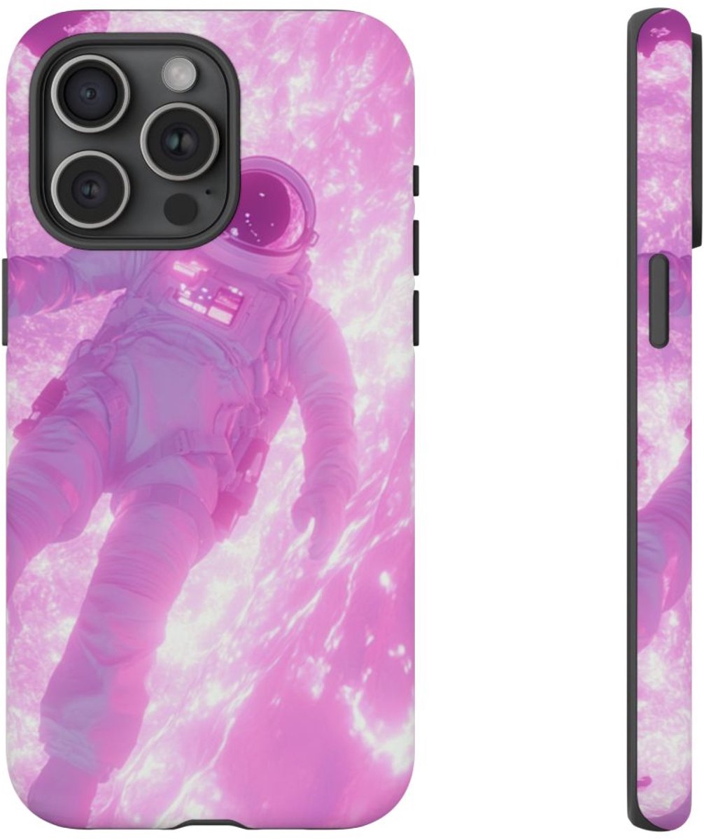 Astronaut Zwevend bij Roze Plasmastroom – Telefoonhoesje Geschikt voor iPhone 15 Pro Max