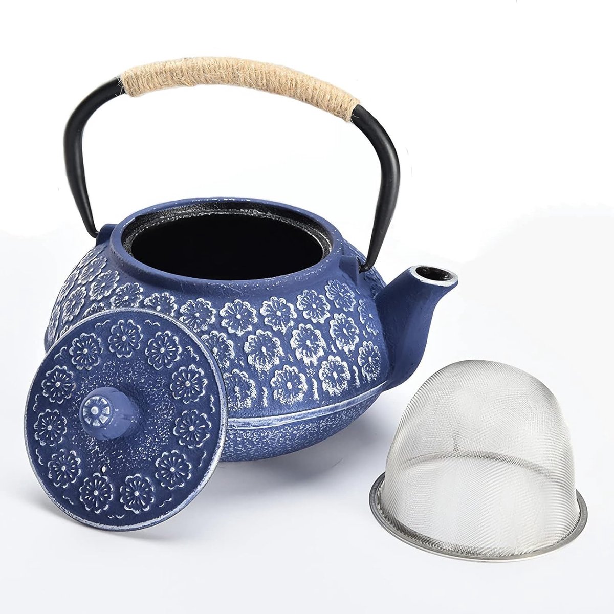 Gietijzeren theepot met roestvrijstalen zeef - 1000 ml - blauwe kersenbloesem - losse thee - theeketel