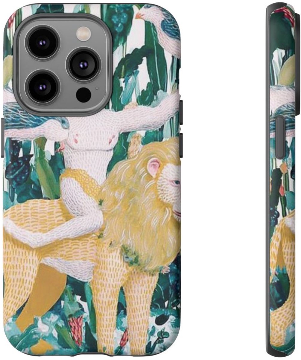 Surrealistische Man met Vogels op Leeuw – Telefoonhoesje Geschikt voor iPhone 14 Pro