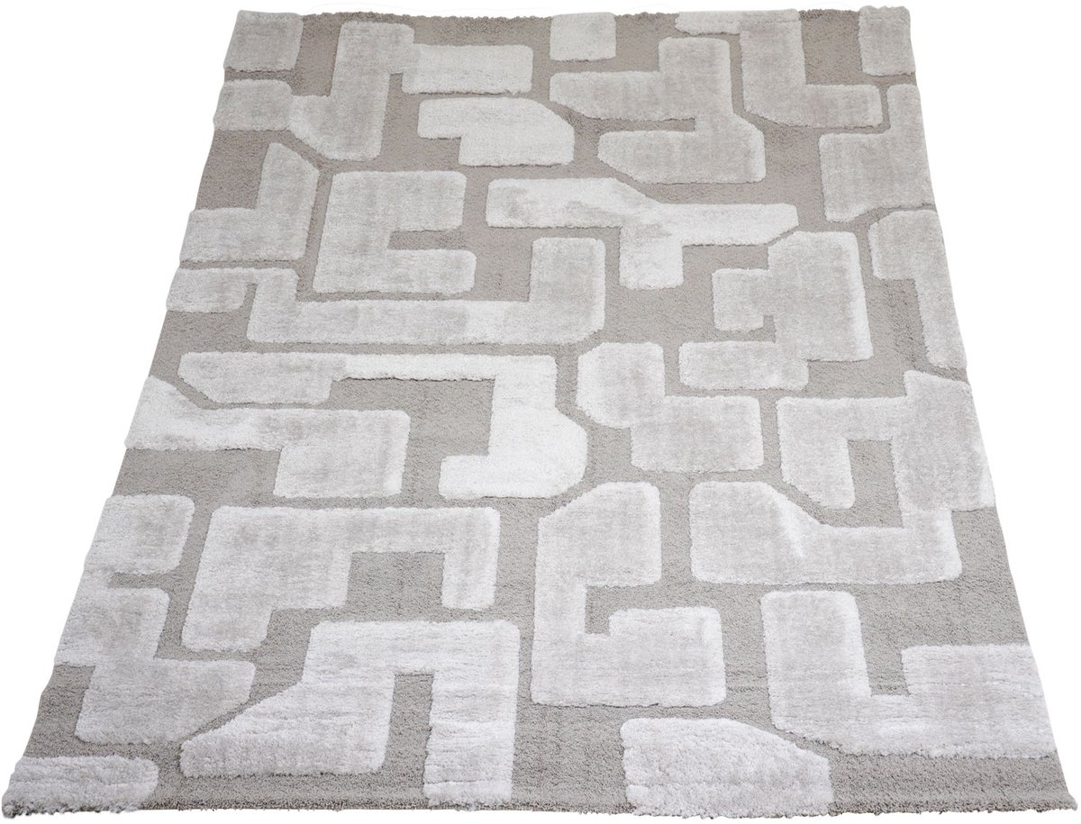 Vloerkleed Liana Beige 240 x 340 cm - Design Hoog-Laag Vloerkleed met Grafisch Labyrint Patroon in Scandinavische / Japandi Stijl