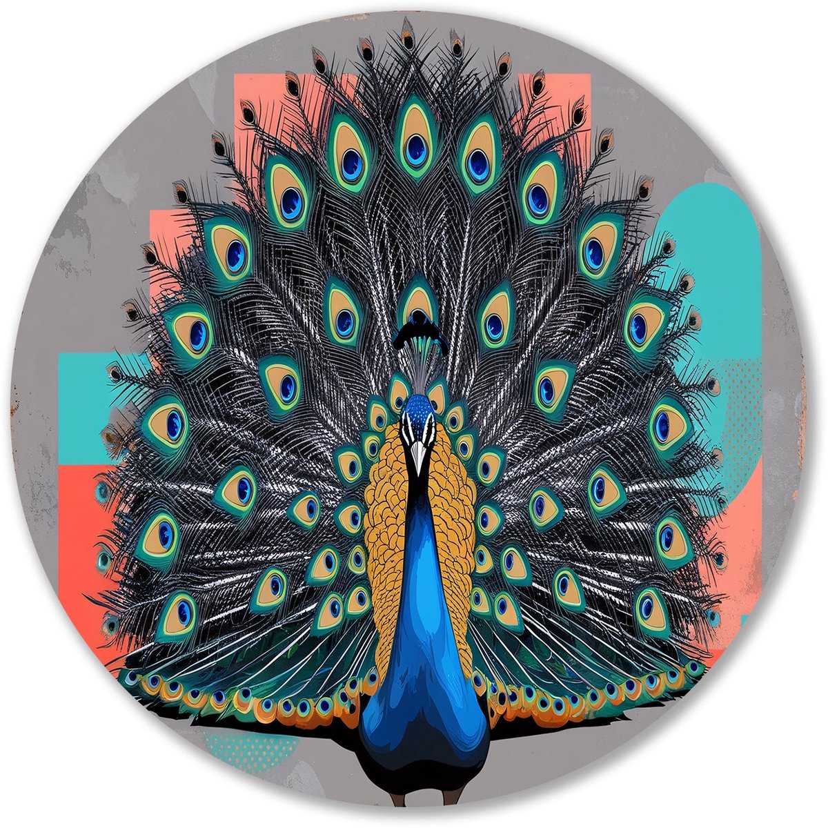Pauw in kleurrijke pop-art - Pauw wanddecoratie rond - Wandschalen dieren - Pop Art - Schilderij op Forex rond - Kunstwerken met modern design - muurcirkel forex 80x80 cm