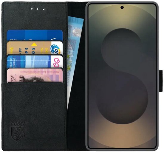 Rosso Deluxe Echt Leer Hoesje Geschikt voor Samsung Galaxy S25 Ultra | Ruimte voor drie pasjes | Portemonnee Book Case | Met Pasjeshouder | Zwart