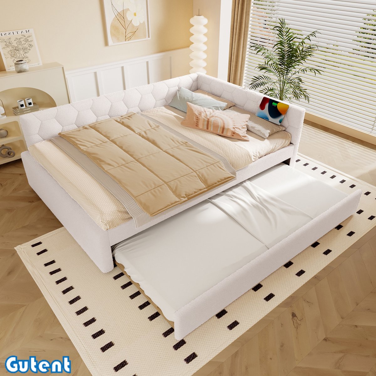 Gutent Slaapbank-140*200 cm-met lattenbodem (zonder matras)-met bedlampje-met uitschuifbed-USB-interface-Type-C-Kunstwol-Wit