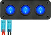 ProRide Wipschakelaar ON-OFF KCD2 - 3 Polig - 12V/20A - Inbouwpaneel 3-voudig - Met aansluitkabel - Blauw indicatielampje