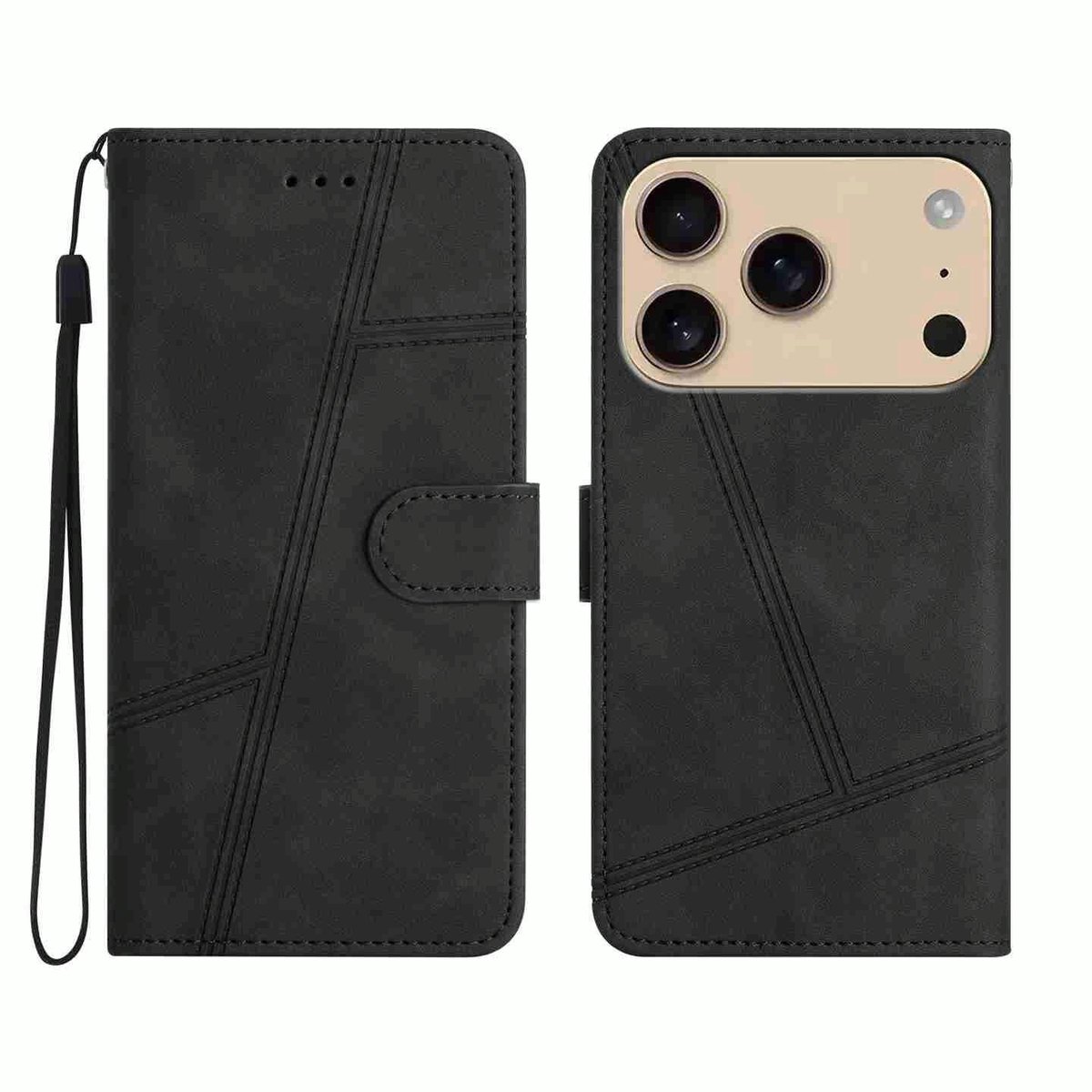 Mobigear Telefoonhoesje geschikt voor Apple iPhone 17 Pro Hoesje | Mobigear Stitch Bookcase Portemonnee | Pasjeshouder voor 2 Pasjes | Telefoonhoesje voor Pinpas / OV Kaart / Rijbewijs - Zwart