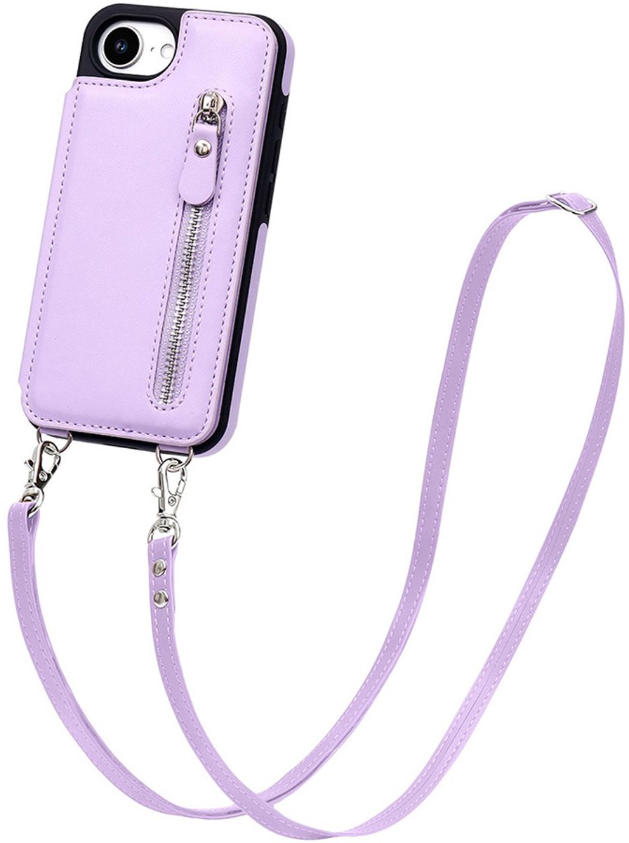 CaseBoutique Backcase hoesje geschikt voor iPhone 16e - Effen Lila - Kunstleer - met Crossbody Koord, Pashouder & Ritsvakje