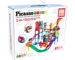 Tactic Picasso Tiles - Constructiespeelgoed - Magnetic Tiles - Magnetische Tegels - Knikkerbaan en Race Track met 2 LED auto's: 108-delig