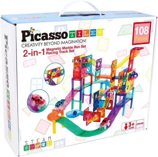 Tactic Picasso Tiles - Constructiespeelgoed - Magnetic Tiles - Magnetische Tegels - Knikkerbaan en Race Track met 2 LED auto's: 108-delig